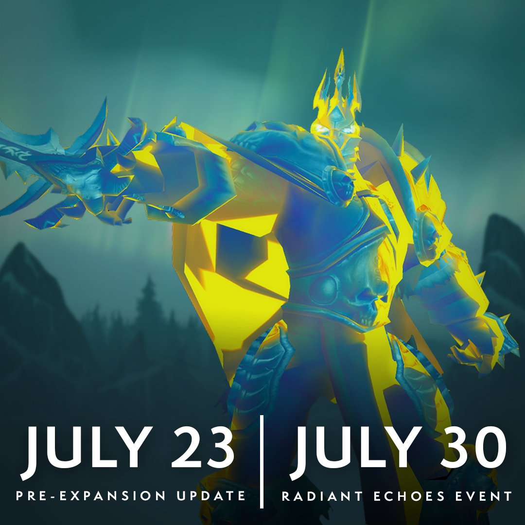 Warcraft's tweet image. The War Within Pre-Expansion update arrives July 23, with Warbands, class changes, and more!