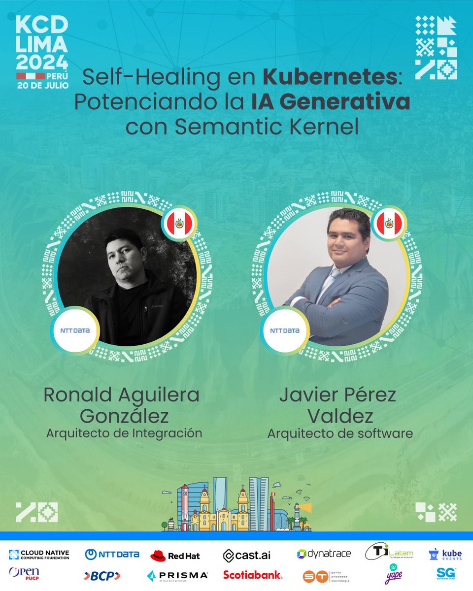 KCDLimaPeru's tweet photo. ¡Presentamos a Ronald Aguilera González y Javier Alberto Pérez Valdez de NTT DATA, PERÚ 🇵🇪 🤗 ! Ellos compartirán su sesión: “Self-Healing en Kubernetes: Potenciando la IA Generativa con Semantic Kernel”.

#KCDLima #Kubernetes #NTTDATA https://t.co/kg0NP0ynsH