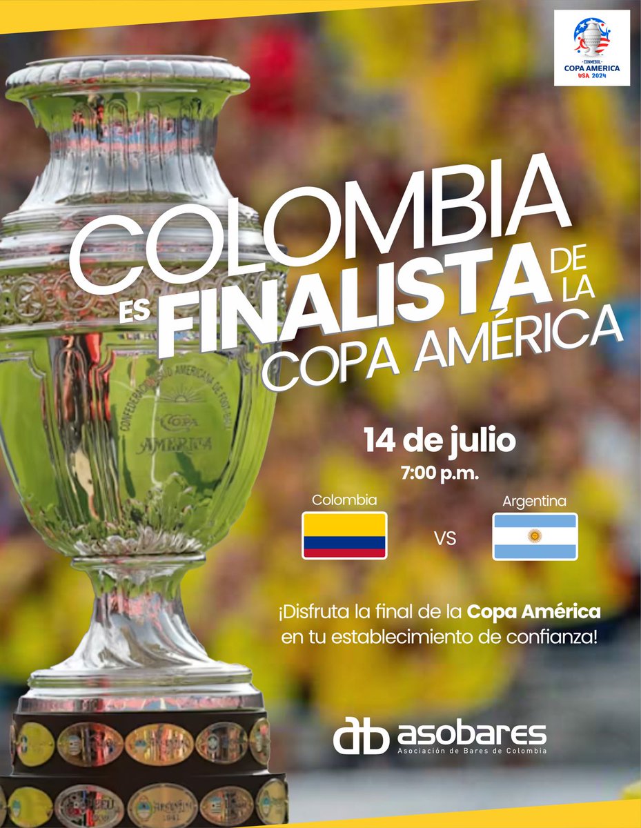 Asobares's tweet photo. Y llegamos a la final de la @CopaAmerica 2024 @FCFSeleccionCol...desde ya reserva en tú bar favorito...encuentra las mejores recomendaciones en https://t.co/vfcGyh44DH en cualquiera de los 16 Departamentos donde están nuestros afiliados en 🇨🇴 #FinalCopaAmerica #ColombiaALaFinal https://t.co/aBDuwrreom