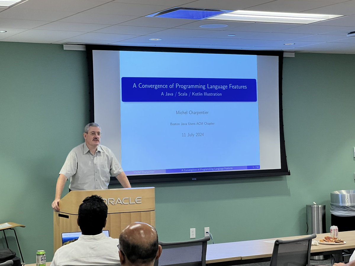 BostonJavaUsers's tweet photo. Prof. Michel Charpentier beginning his talk illustrating how a number of programming languages have converged towards a set of similar features #ACM #java https://t.co/szGfynqip3