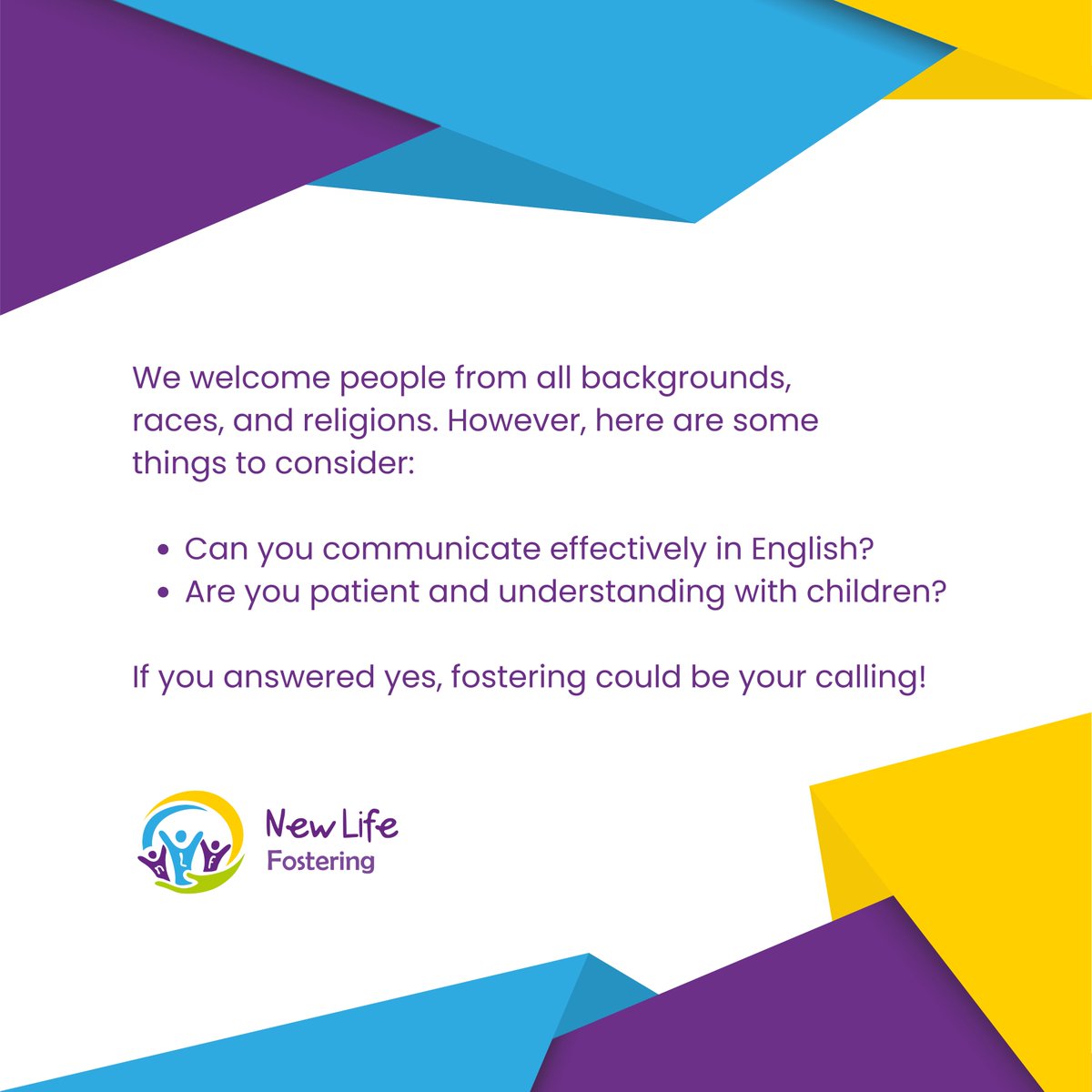 Curious if you can be a foster carer? At New Life Fostering, we welcome people from all backgrounds. 

Learn more today!

📞 0121 359 8811
💻 newlifefostering.co.uk

#FosterCarer #Fostering #NLF #JoinUs