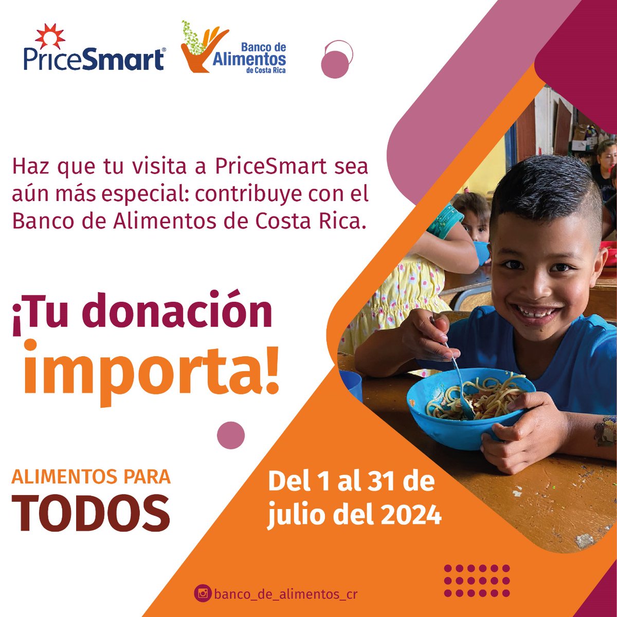 📣 ¡Campaña "Alimentos para Todos" en colaboración con PriceSmart!🇨🇷🍽️ .

Con esta iniciativa, buscamos donar alimentos nutritivos y de calidad a la población en vulnerabilidad social o pobreza extrema. 

#AlimentosParaTodos #Solidaridad #Nutricion #UnaCostaRicasinHambre