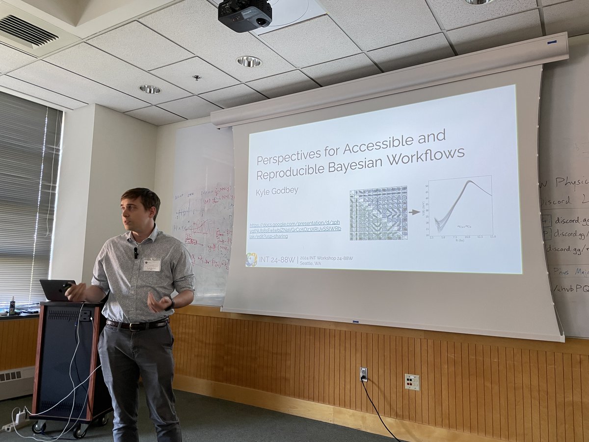 rothkopfAK's tweet photo. Time dependent quantum dynamics is at the heart of understanding fusion &amp; fission reactions. Emulators are central to make this physics accessible. @kylegodbey (@FRIBLab) in his talk at the @UW #INT workshop presents deployable emulators from his Bayesian Mass Explorer project. https://t.co/1o2f17KcXM