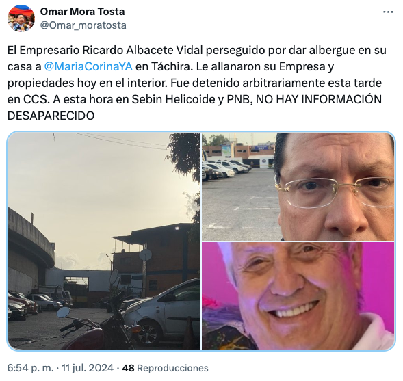 VPITV's tweet photo. #ÚLTIMAHORA Confirman detención del dueño del recinto donde se hospedó María Corina Machado en hace unos días en el estado #Táchira.

El Empresario Ricardo Albacete Vidal perseguido por dar albergue en su casa a @MariaCorinaYA en Táchira. Le allanaron su empresa y propiedades hoy en el interior. Fue detenido arbitrariamente esta tarde en Caracas (...) No hay información del desaparecido", dijo el abogado @Omar_moratosta.

Información en desarrollo
https://t.co/OG0uA5UyTk