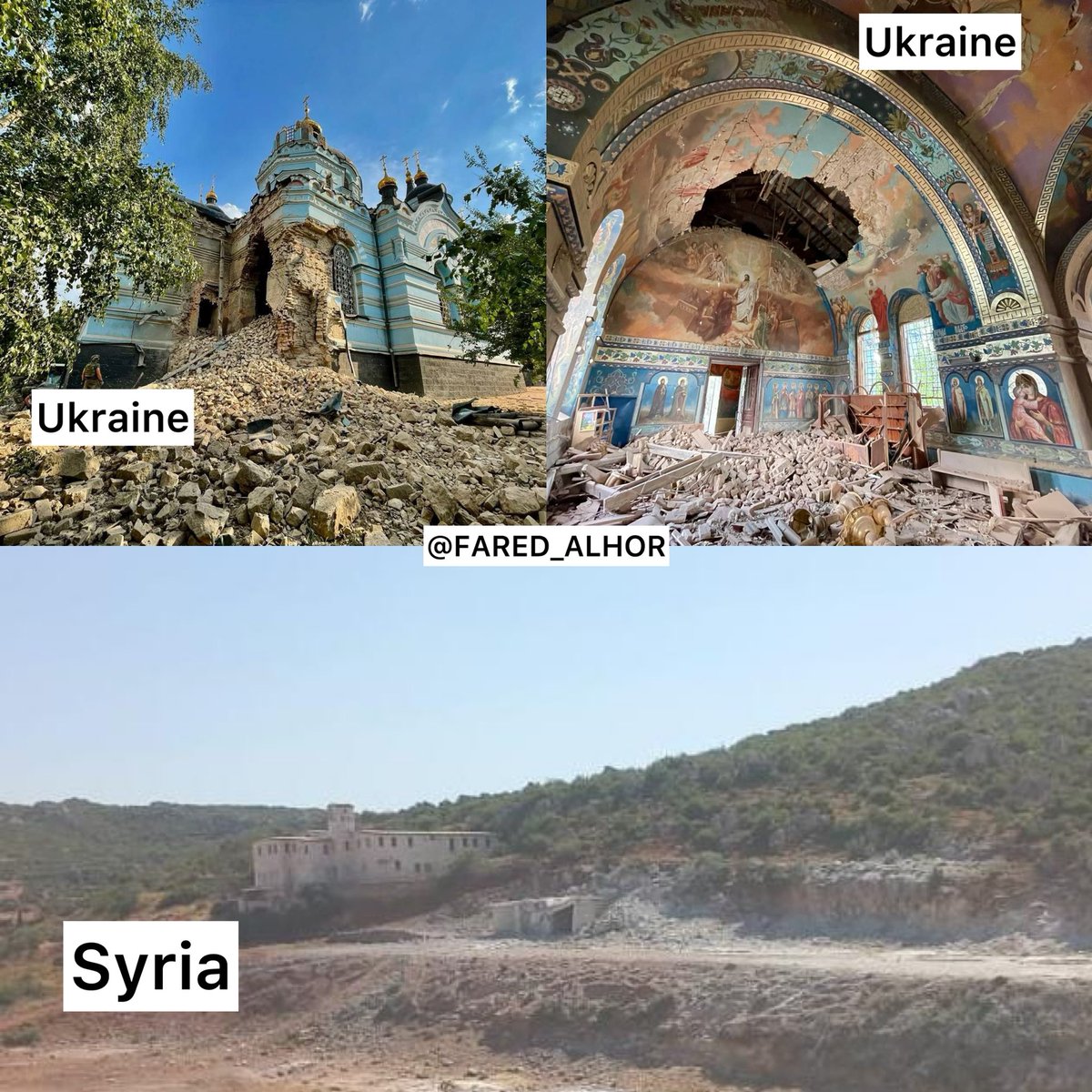 FARED_ALHOR's tweet photo. Yesterday, Russia bombed a church in the Idlib countryside in Syria, as it also does in Ukraine. Pictures of a church from Ukraine that was bombed by Russia.

russia brings nothing but death, destruction, and decay.

blowing up churches is russian religion. https://t.co/VjWMPyawMt