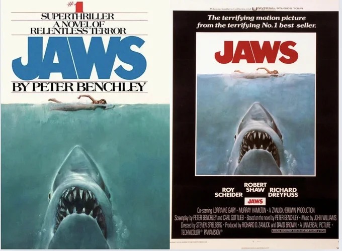 A comparison between the book cover and movie poster of Jaws. They imaged are nearly identical, with a great white shark swimming directly upwards towards a nude swimmer, mouth open and snarled teeth sticking out.