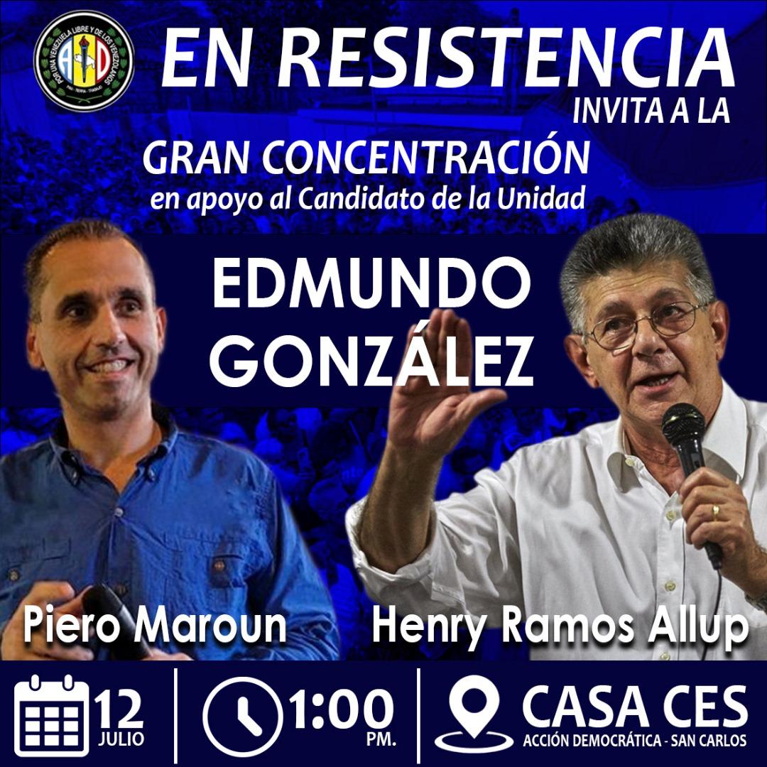Mañana #12JULIO nuestros compañeros <a href="/hramosallup/">Henry Ramos Allup</a>, <a href="/PieroMaroun/">Piero Maroun</a> y miembros de la Dirección Nacional del partido, estarán en San Carlos, estado #Cojedes. ¡<a href="/ADemocratica/">Acción Democrática</a> En Resistencia trabajando por el cambio con <a href="/EdmundoGU/">Edmundo González</a>!