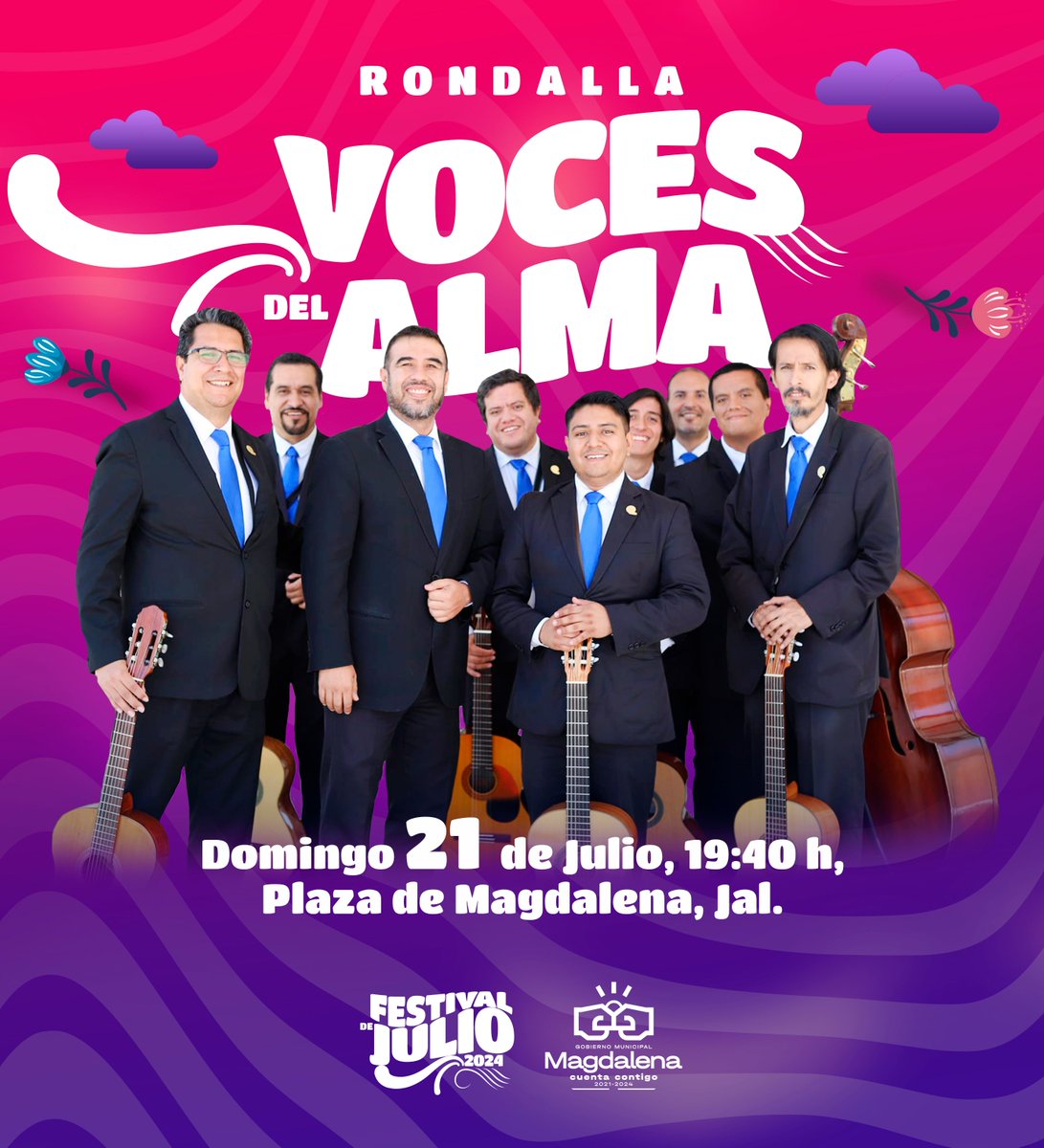 Magdalenagob's tweet photo. En el marco de la celebración del Festival Cultural de Julio, desde la Plaza Principal, contaremos con la presentación de la Rondalla Voces Del Alma De Guadalajara, el domingo 21 de julio a las 19:40 horas. ¡Acompáñanos con toda tu familia! #MagdalenaParaTodos https://t.co/8lxXnKw51C
