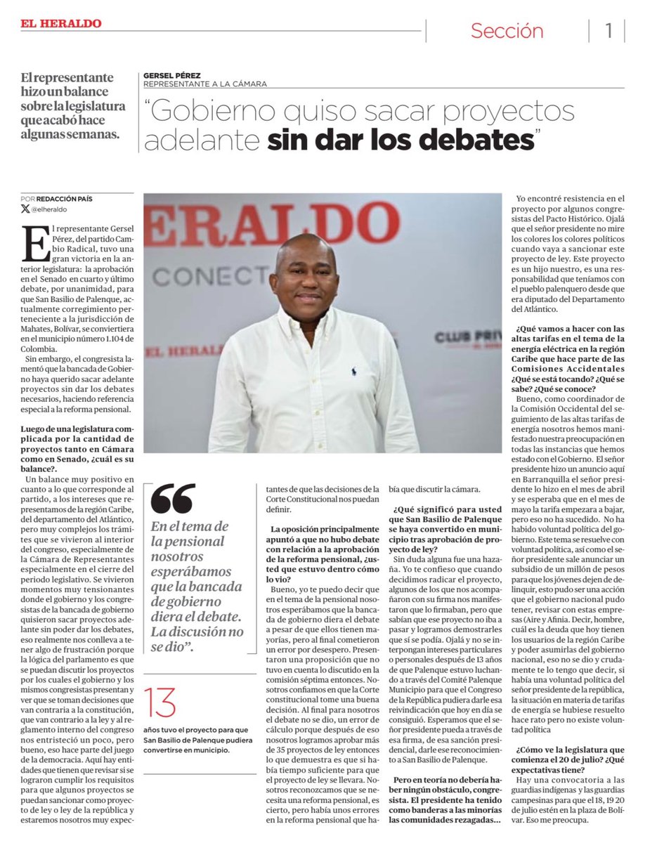 GerselPerez's tweet photo. #GPEnMedios | ¡Lo logramos! Hace unos días presentamos nuestro informe legislativo del período 2023-2024 de la @CamaraColombia en el @elheraldoco. De esta manera, cerramos el año con un balance positivo, siempre obteniendo resultados y muy satisfechos con uno de nuestros mayores logros: #PalenqueMunicipio. Además, aprovechamos para abordar ciertas inquietudes sobre lo que está sucediendo actualmente en el Congreso y el Gobierno Nacional. 

Aquí pueden leer la entrevista completa: 
https://t.co/rZxZ1I7sRG