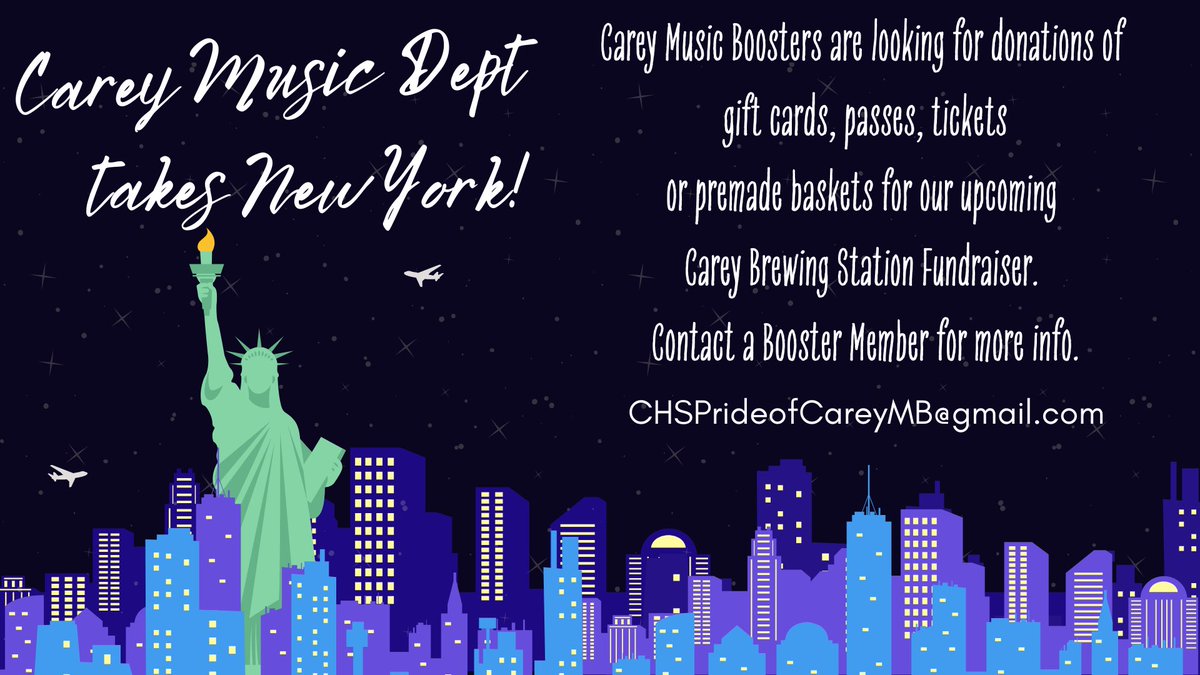 The Carey Music Department is taking on New York in 2025! We are looking for basket donations for our upcoming Brewery fundraiser at Carey Brewing Station. You can contact us below if you can help! <a href="/CareyBands/">Carey Bands</a> <a href="/lortz_lynelle/">Mrs. Lortz</a> <a href="/CareyBrewing/">Carey Brewing Station</a> 
#careybands #careychoir #prideofcarey