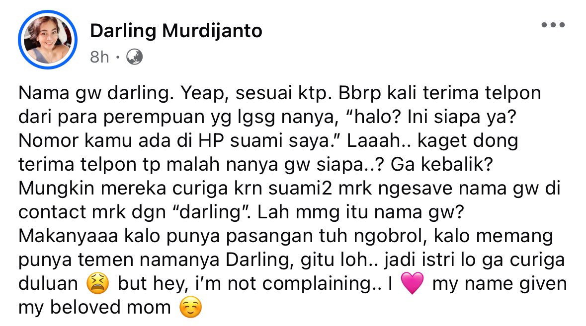 DarlingJJS's tweet photo. I’m not complaining.. i love my name given by my beloved mom 😁 punya nama Darling itu seru, dan sering yang baru kenal bilang, “that’s a sweet name” dan pastinya mereka senyum.. happy lah gw ☺️🥰 https://t.co/D1g5yiK2J1