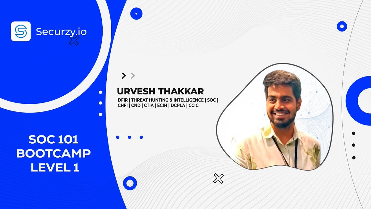 🔒 Explore Security Operations Centers with Urvesh Thakkar! 🚀 Join the SOC 101 Bootcamp Level 1 for insider insights into cybersecurity. Watch now ➡️ youtube.com/watch?v=s5B7g_… Catch the full recording ➡️ learn.securzy.io/webinar/soc-10…  #SOC101 #Cybersecurity #Securzy