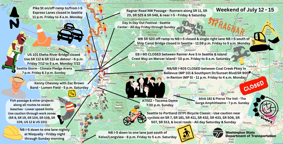 wsdot_traffic's tweet photo. Say it ain’t so, I will not go…on I-405 between Renton &amp; Bellevue this weekend, because it’s closing! It’s a Summertime filled with lots of construction, maintenance and events. So much for All the Small Things.
Plan ahead, know before you go, and enjoy the Eternal Sunshine! 🌞 https://t.co/xmfMlGuS0T