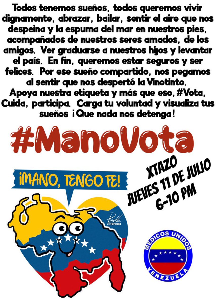Yo voto, por el reencuentro familiar, por aquellos abuelos que no conocen a sus nietos,  por los padres que no pueden estar con sus hijos que migraron y se pierden momentos importantes de sus vidas.
Yo voto para que nunca mas un Venezolano migre por necesidad 
#ManoVota