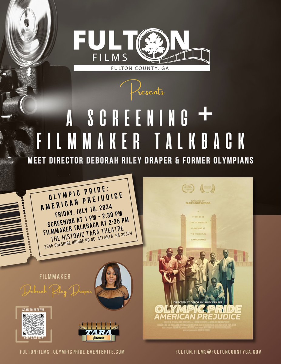 Join filmmaker Deborah Riley Draper, former Olympic Medalists and sports anchor Sam Crenshaw 7/19/24 at 1 PM <a href="/TheTaraAtlanta/">Tara Atlanta</a> for a free screening of Olympic Pride, American Prejudice hosted by @fultonfilmsga &amp; the Mayor's Office of Film, Ent &amp; Nightlife: tinyurl.com/mt2755pp