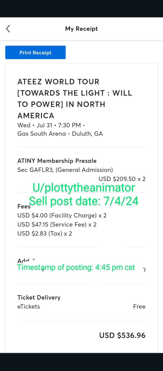 PlottyArtist's tweet photo. WTS 2x tickets to Ateez in Duluth day 2 (7/31). LF $500 OBO. Concert is in less than 3 weeks now and I really want these sold. Crosspost from reddit for the watermarks. Added proof of account. Dm if interested! #sellingtickets #ateez #concert #sale #ateezinduluth #ticketsforsale https://t.co/bempw4YR51