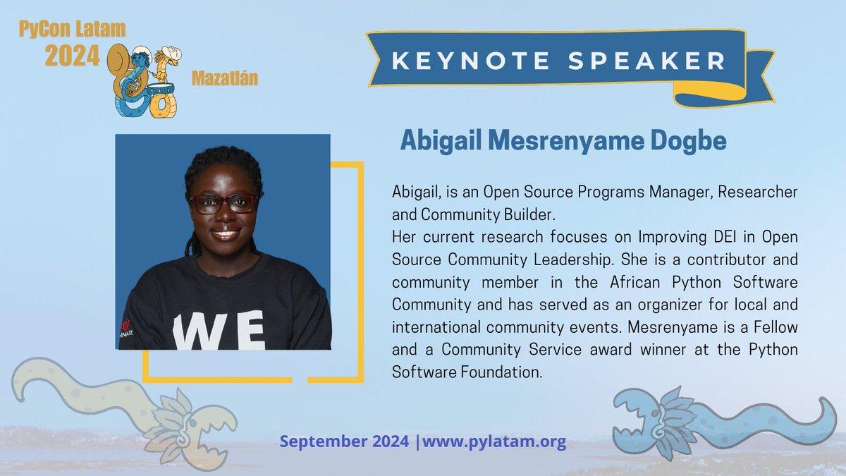 PyLatam's tweet image. 📢¡Anuncio de Keynote!

Estamos emocionados de anunciar que para la edición de #PyConLatam2024 tenemos dentro de nuestro lineup de keynotes a Abigail Mesrenyame.🎉🐍🚀

Conoce más sobre Abigail: 👇
mesrenyamedogbe.hashnode.dev

🌐 pylatam.org

#Python 
#PyCon
#Latam