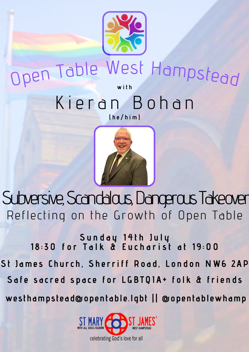 Join us at St James Church NW6 2AP <a href="/parishnw6/">@parishnw6</a>, from 18.30 this Sunday 14th for our monthly LGBTQIA+ Eucharist &amp; community <a href="/opentablelgbt/">Open Table Network</a>. <a href="/abravefaith/">Kieran Bohan</a> will be speaking. 

all are welcome. 
🙏🏼🏳️‍🌈📿🏳️‍⚧️✊🏿