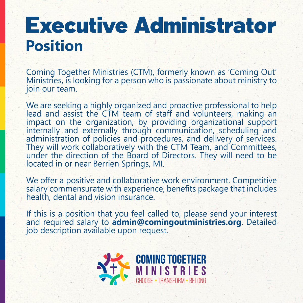 CTMinistries7's tweet photo. We are HIRING!

Any interest and further information by sending an email to admin@comingoutministries.org https://t.co/ctcU7XSppS