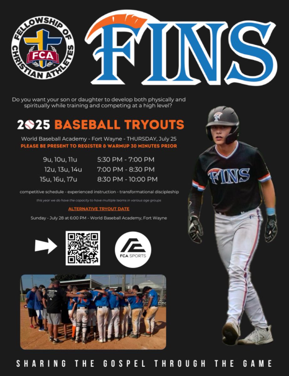 Do you want your son to play competitive travel baseball in Northeast Indiana while growing in his faith?

The Fellowship of Christian Athletes now has club teams - it’s called FCA Sports.  Click on the link below 👇 to register for tryouts!

docs.google.com/forms/d/e/1FAI…