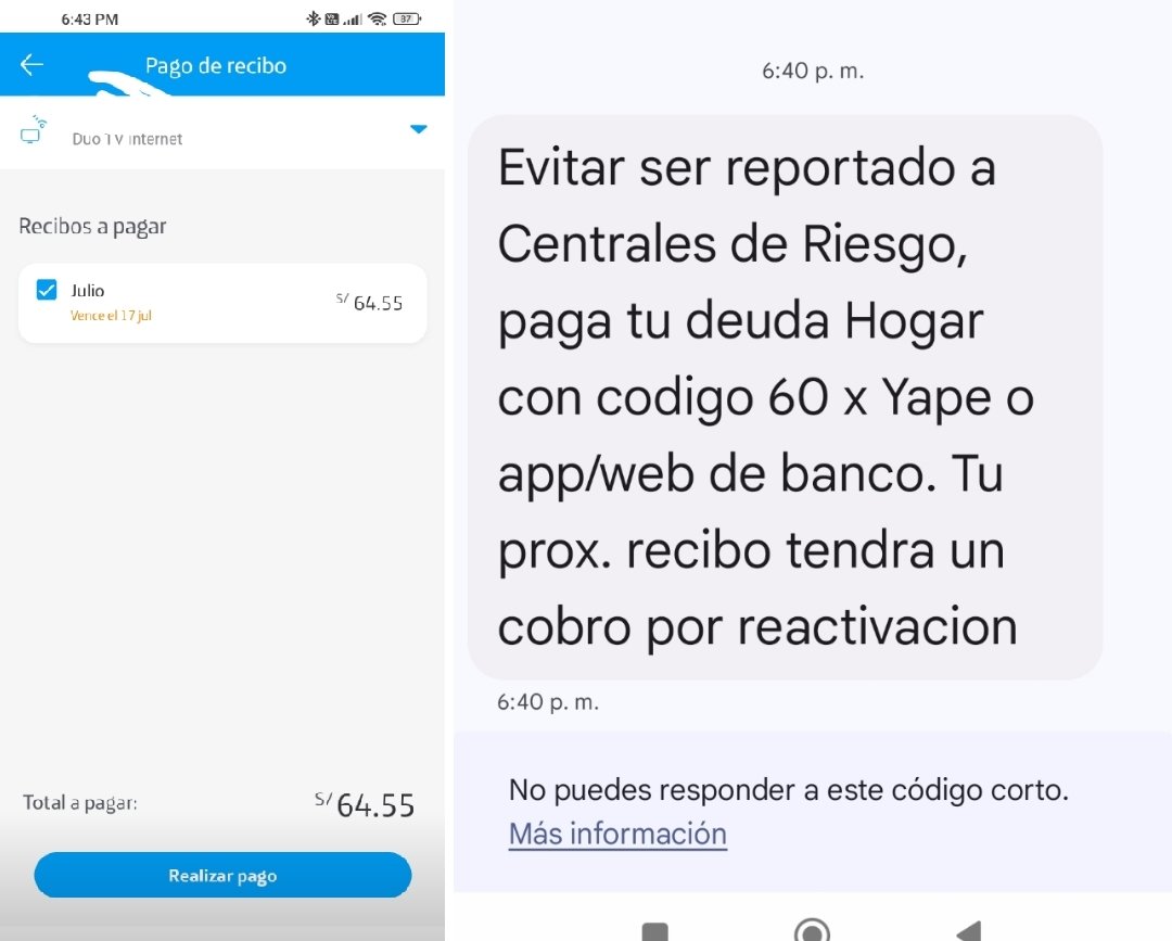SandraRM24's tweet photo. Hace +de dos meses di de baja mi plan Movistar, no tengo el servicio pero me han emitido un recibo, hice mi reclamo y solo ajustaron el monto d la deuda y encima todos los días me mandan mensaje de cobranza. Qué procede @MovistarPeru @IndecopiOficial @OSIPTEL https://t.co/rIxE1ZbDLJ