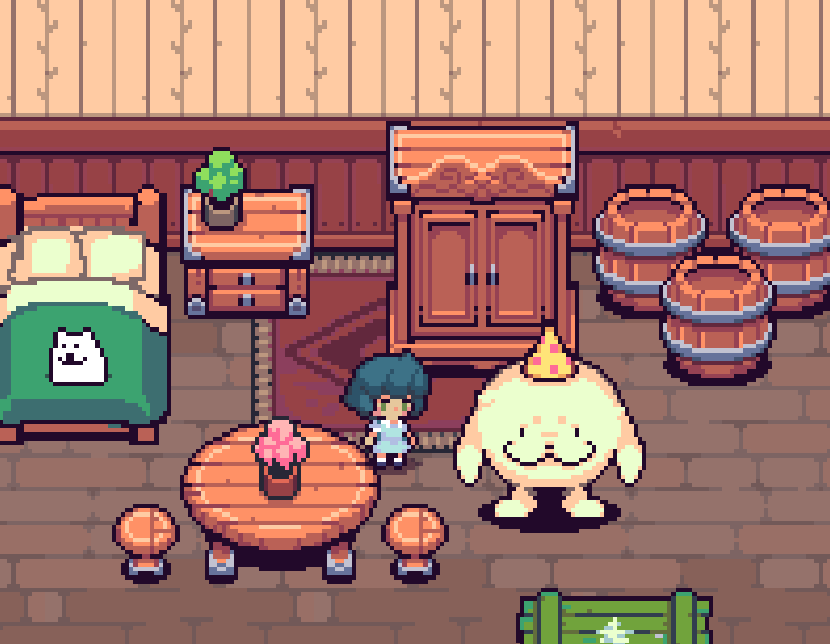 CandletownDev's tweet photo. @AthenianRhapso1's Thunder Goober is here to talk about the Goober initative...! Flip tables! UPTURN DINING CHAIRS! POUR COFFEE GRINDS IN THE KEURIG! 

(also ignore the troublesome dog, I can't remove it. its absorbed itself into the game)

#indiegame #pixelart https://t.co/9ibp7KjJFc