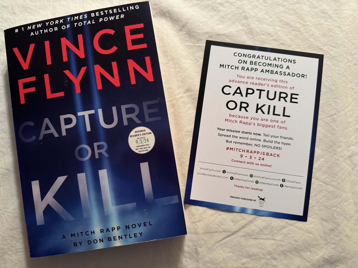 CathHelowicz's tweet photo. Ah... there's nothing like the smell of a new book, especially a new #MitchRapp novel! 
Yay! It arrived!  
My @VinceFlynncom ARC!
Thank you @AtriaMysteryBus @BestThrillBooks and @bentleydonb - I'm looking forward to a #CaptureOrKill weekend! https://t.co/rJyyvTFmyS