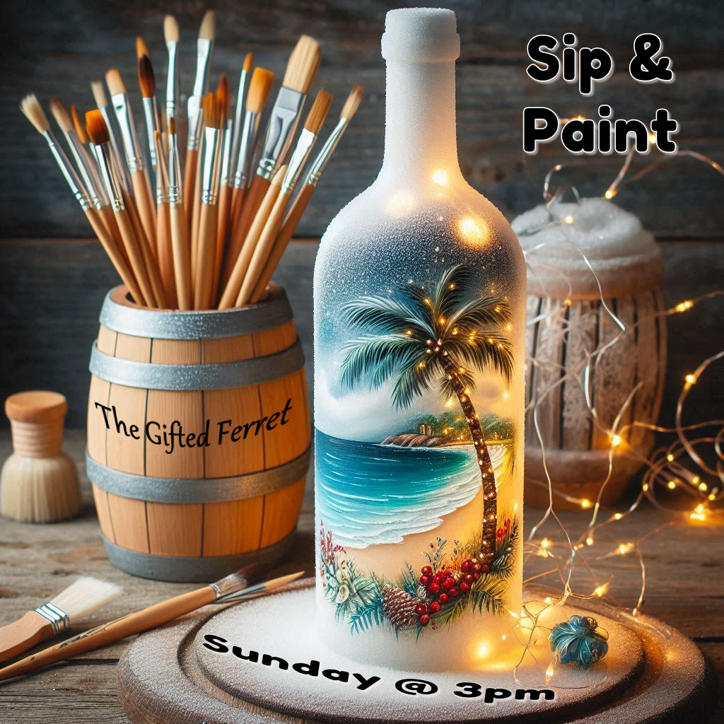 TheGiftedFerret's tweet photo. Our last Wine Therapy Sip &amp; Paint is this coming up Sunday at 3 to 5pm with a theme of Christmas in July or really anything that you can dream up. See you there. Get tickets to reserve your spot. https://t.co/gJcpNMsOVO