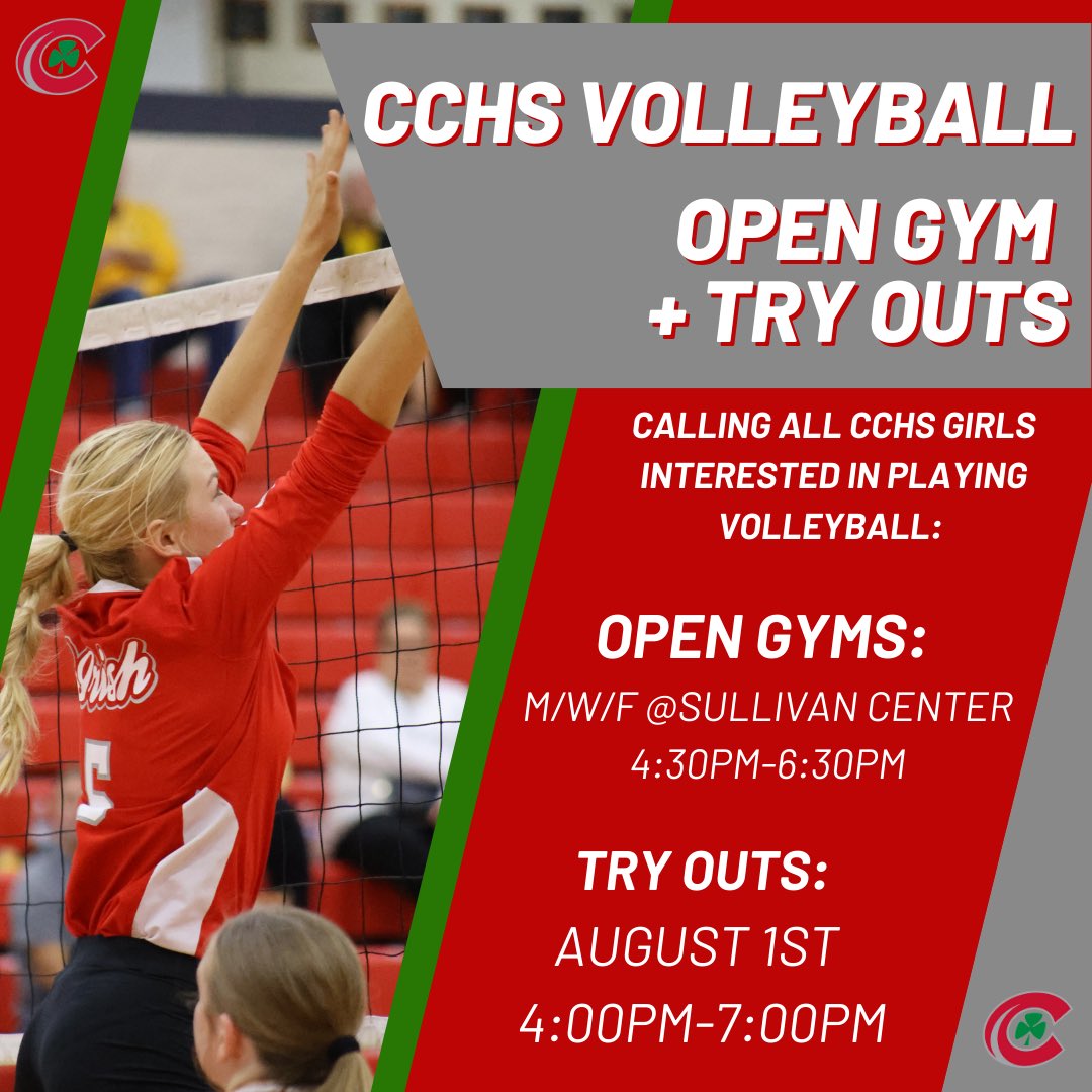 ☘️Attention CCHS girls: if you are interested in playing volleyball this season then come down to open gyms!!!

Mon/Wed/Fri from 4:30-6:30pm in the Sullivan

Try Outs are on August 1 in the Sullivan from 4:00-7:00pm ☘️