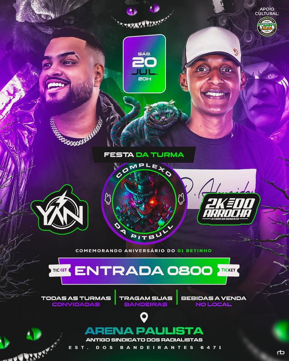 ✅Dia 20 de julho temos um encontro marcado ✅

 Mega estrutura 💯

Cantor Yan com as melhores do pagode☑️ 
Dj 2k do arrocha com o melhor do funk ☑️

Entrada 0800 a noite toda!