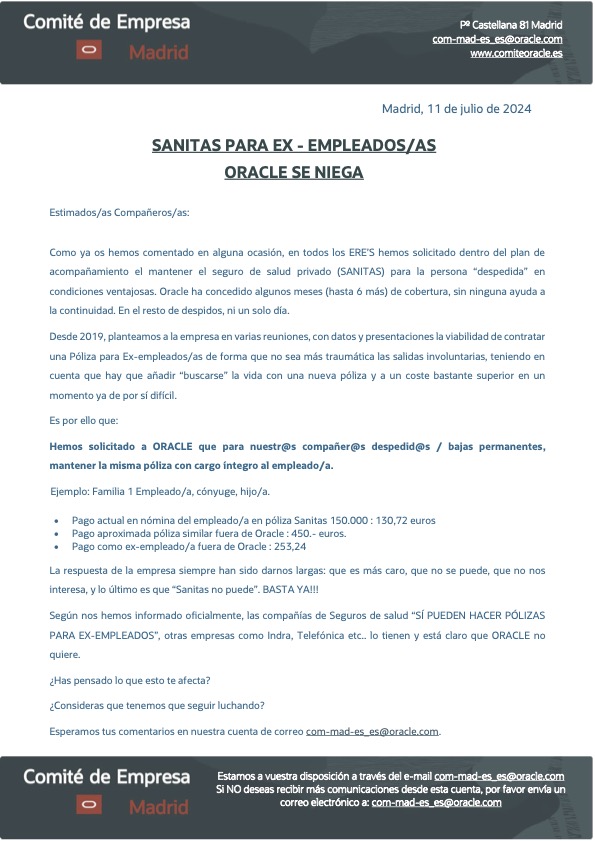 ComiteOracle's tweet image. COMUNICADO: SANITAS PARA EX-EMPLEADOS/AS ORACLE SE NIEGA
#ComiteOracle #Oracle #BastaYa #BeneficiosSociales