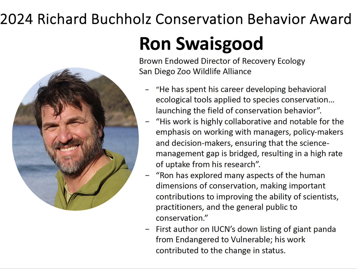 ConservBehavior's tweet photo. Congratulations to Ron Swaisgood, 2024 recipient of the Richard Buchholz Conservation Behavior Award!!
#ConservationBehavior #RecoveryEcology #HumanDimensionsofConservation https://t.co/L5eblV1V6u