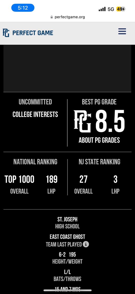 Yesterday I received my PG report, grade, and event results from the Ghost Workout Showcase on 6/4/24

-Also received my first ranking at #3 in NJ as a LHP