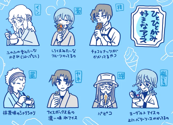 イラストリクエストで頂いた「ひとひとがみの皆の好きなアイスは?」を描きました🍨現在単行本1巻発売に伴い #ひとひとがみ日々祭 を開催中です。ハッシュタグを押していただくと皆さんが描いてくださった素敵すぎるファンアートが見られますので是非覗いてみてください🥳