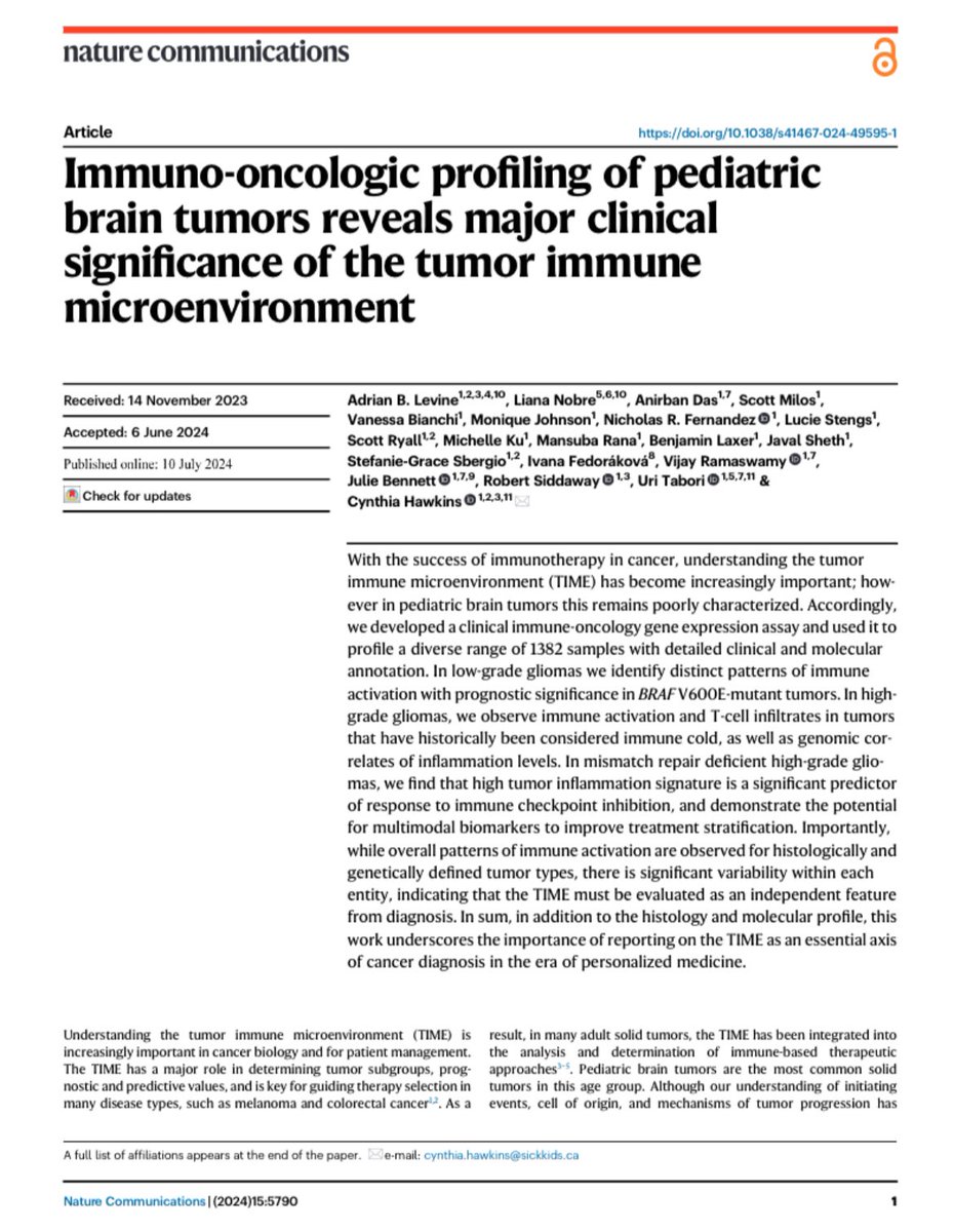 An exciting week in Hawkins lab! A special congratulations to Dr. Levine on his publication “Immuno-oncologic profiling of pediatric brain tumors reveals major clinical significance of the tumor immune microenvironment” 🔬Have a read! <a href="/NatureComms/">Nature Communications</a> rdcu.be/dNkjv
