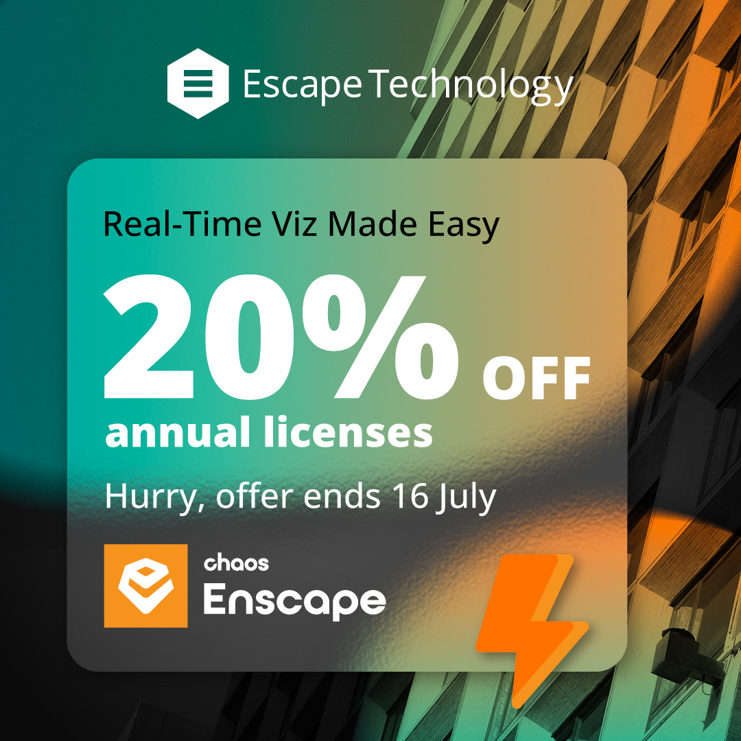 Escape_Tech's tweet image. 🚀 Transform the way you design with Enscape 3D – Now at 20% OFF new annual licenses from July 9th to 16th! 🎉  
Ready to elevate your projects with real-time visualisation? Call us 0207 734 8809 or email  sales@escape-technology.com 
#Architecture #DesignViz #TechForArchitects