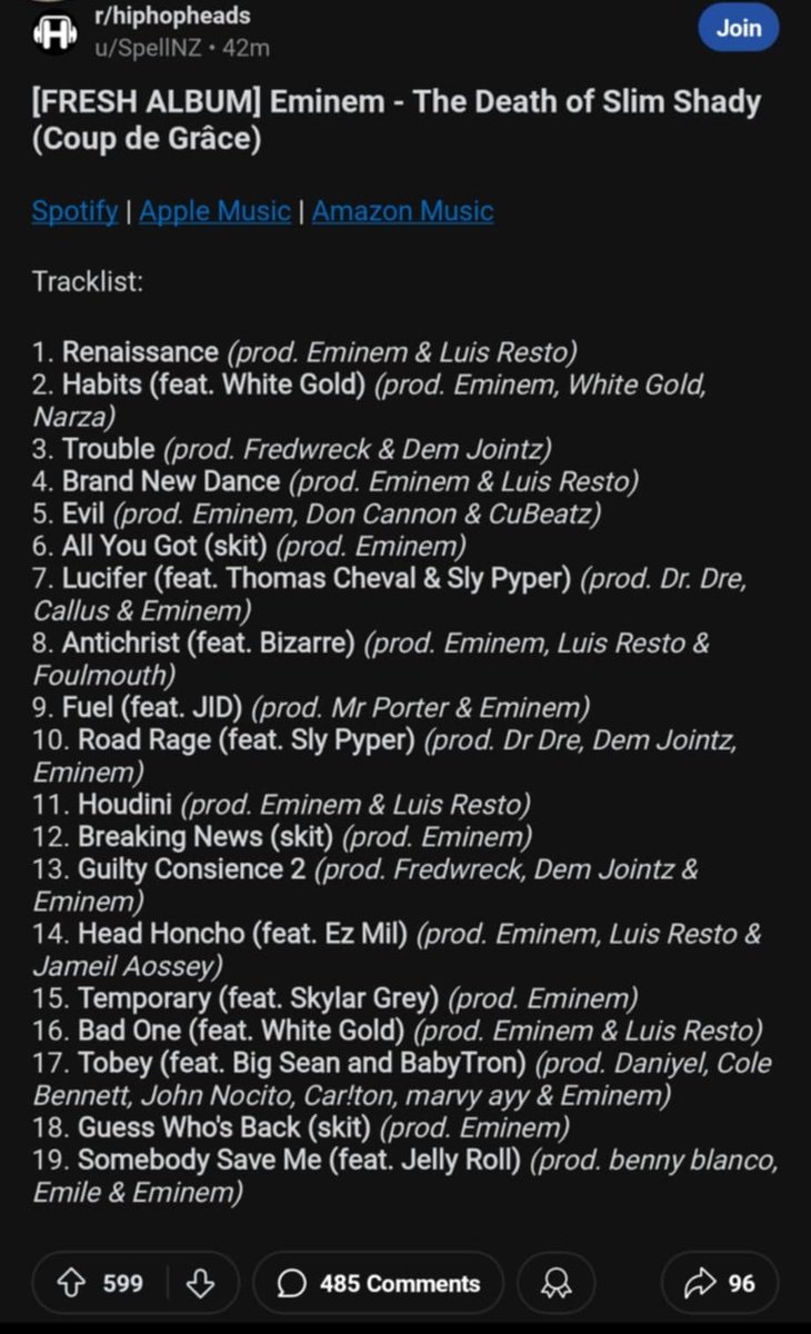 Minisodamamaali's tweet photo. #Evil #Lucifer #Antichrist #Fuel #RoadRage #Houdini #GUILTYCONSCIENCE2 #BadOne #HeadHoncho #SomebodySaveMe were my favorites on this album. #Temporary had me sobbing 😭
#TheDeathOfSlimShady #Eminem
The thought of this world without #Eminem𓃵 💔 breaks my heart #CoupDeGrâce https://t.co/VLtG5TyIVP