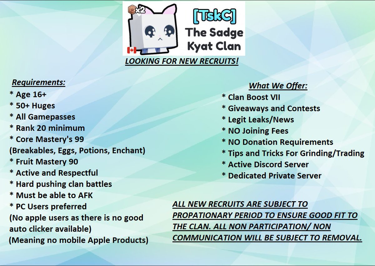 SadgeKyatClan's tweet photo. LOOKING FOR A NEW CLAN? READY TO PUSH FOR THE TOP?
Our top 20 clan is now accepting new recruits! 
Check out our clan requirements and apply!

#petsim
#petsim99
#PetSimulator99
#clan https://t.co/r8sve2ZRuJ