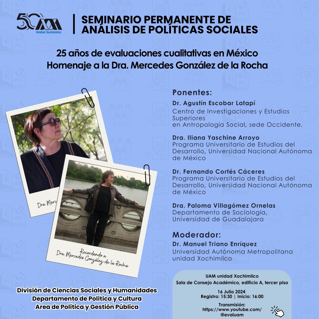@palomaparda.bsky.social (@palomaparda) on Twitter photo El próximo martes 16, en el marco del #SEPA de la <a href="/uamxoficial/">UAM Xochimilco</a>, conversaremos sobre la evolución de las evaluaciones cualitativas en la política social y el enorme legado intelectual y afectivo de nuestra querida Mercedes González de la Rocha.
Ojalá puedan acompañarnos. El próximo martes 16, en el marco del #SEPA de la <a href="/uamxoficial/">UAM Xochimilco</a>, conversaremos sobre la evolución de las evaluaciones cualitativas en la política social y el enorme legado intelectual y afectivo de nuestra querida Mercedes González de la Rocha.
Ojalá puedan acompañarnos.