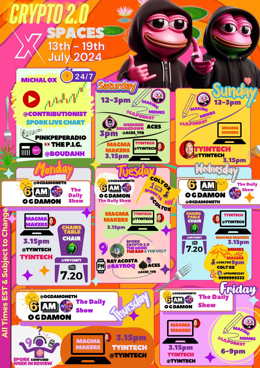 mrsme0x's tweet photo. What’s happening this week?
This is what’s happening!
Share the Pink and support our community hosts covering all topics #crypto2point0
$PNDC | $PORK #Magma https://t.co/HTR6IBylZ8