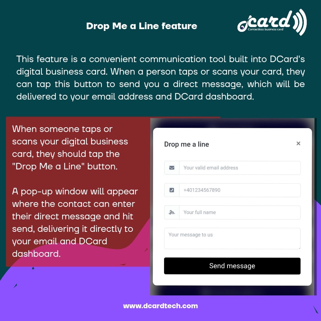 DcardAfrica's tweet photo. This feature is a convenient communication tool built into DCard's digital business card. When a person taps or scans your card, they can tap this button to send you a direct message, which will be delivered to your email address. https://t.co/lpVEEYU9ev