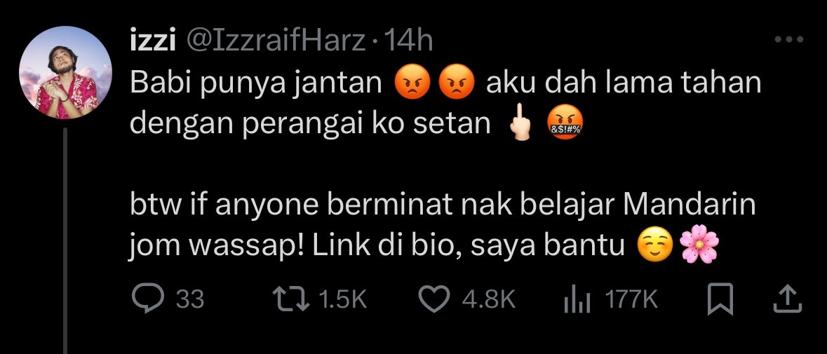 Berjalan ke Kuantan,
Nasi ayam hainan dihidang dengan air limau;
Babi punya jantan,
Aku dah lama tahan dengan perangai kau.
#Pantun #BahasaJiwaBangsa