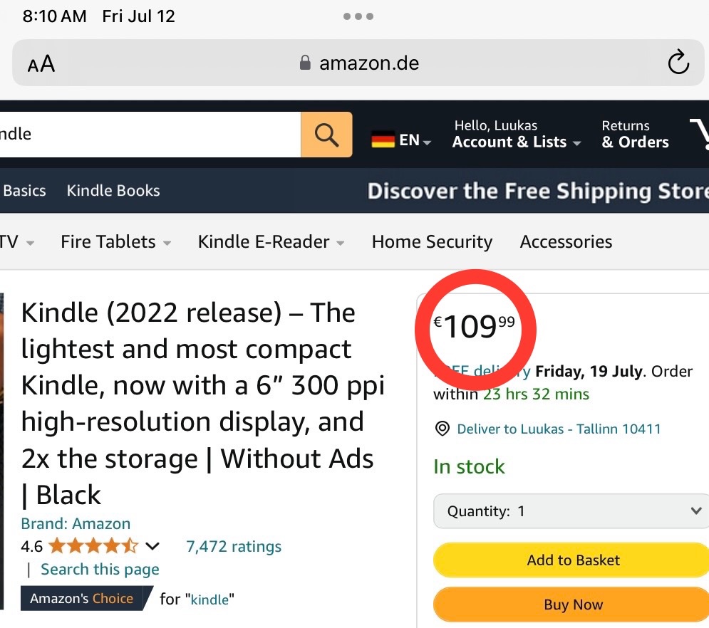 luukasilves's tweet image. 😖🇪🇺10 years ago  @EU_Commission @Ansip_EU promised a  Digital #singlemarket.  Today, consumers  still  getting  screwed.  Tried  to  order  a  Kindle from Amazon.se:  €102,  no  delivery outside  🇸🇪.  from  @amazonde:  €109. @beuc @Ecommerce_EU @EcommerceEurope