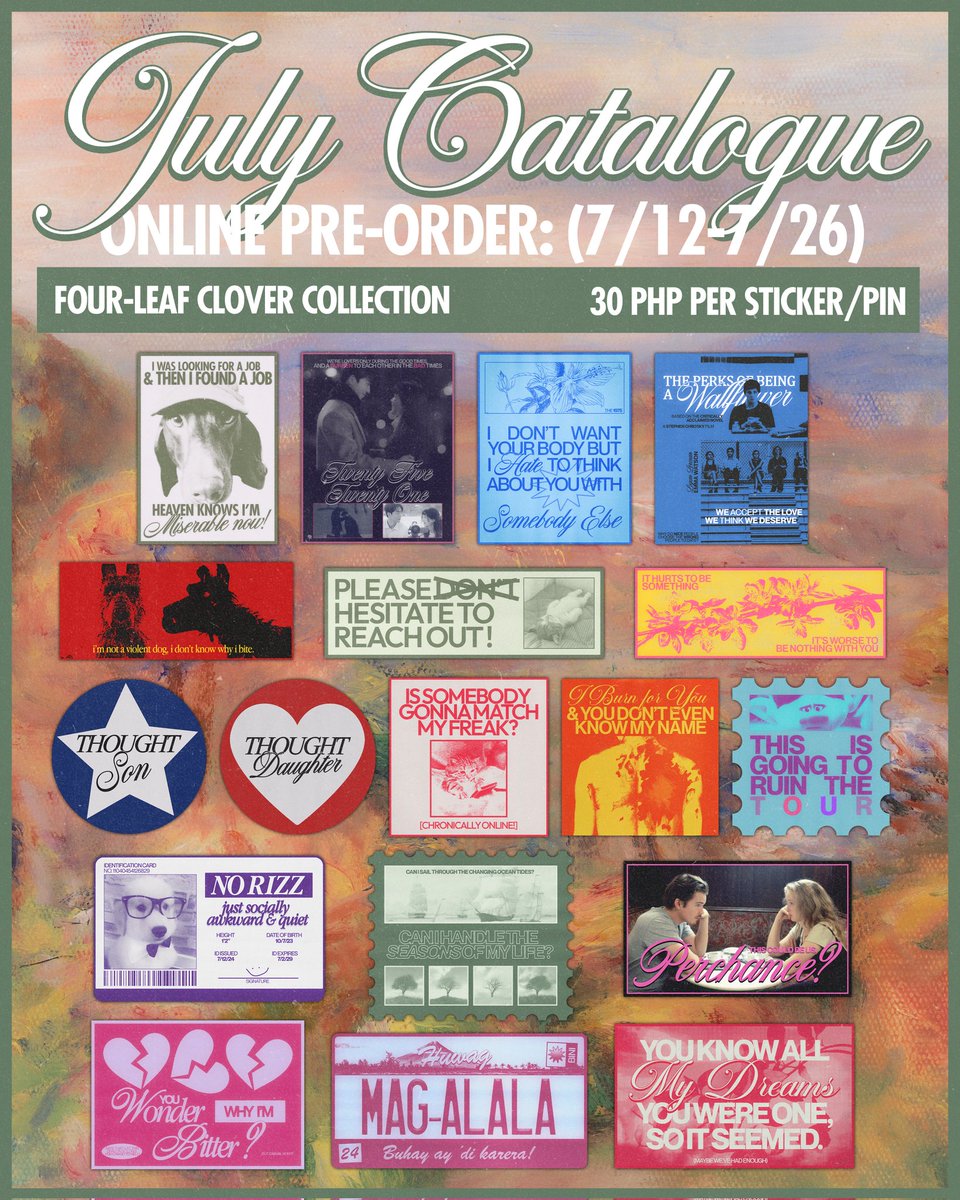 KARL’S JULY CATALOGUE 🍀

comes with 18 new sticker designs (the four-leaf clover collection) &amp; returning stickers &amp; pins from previous drops. i hope you like them as much as i do. as always, any form of support goes a long way, much love <3

 form.jotform.com/241911514148452