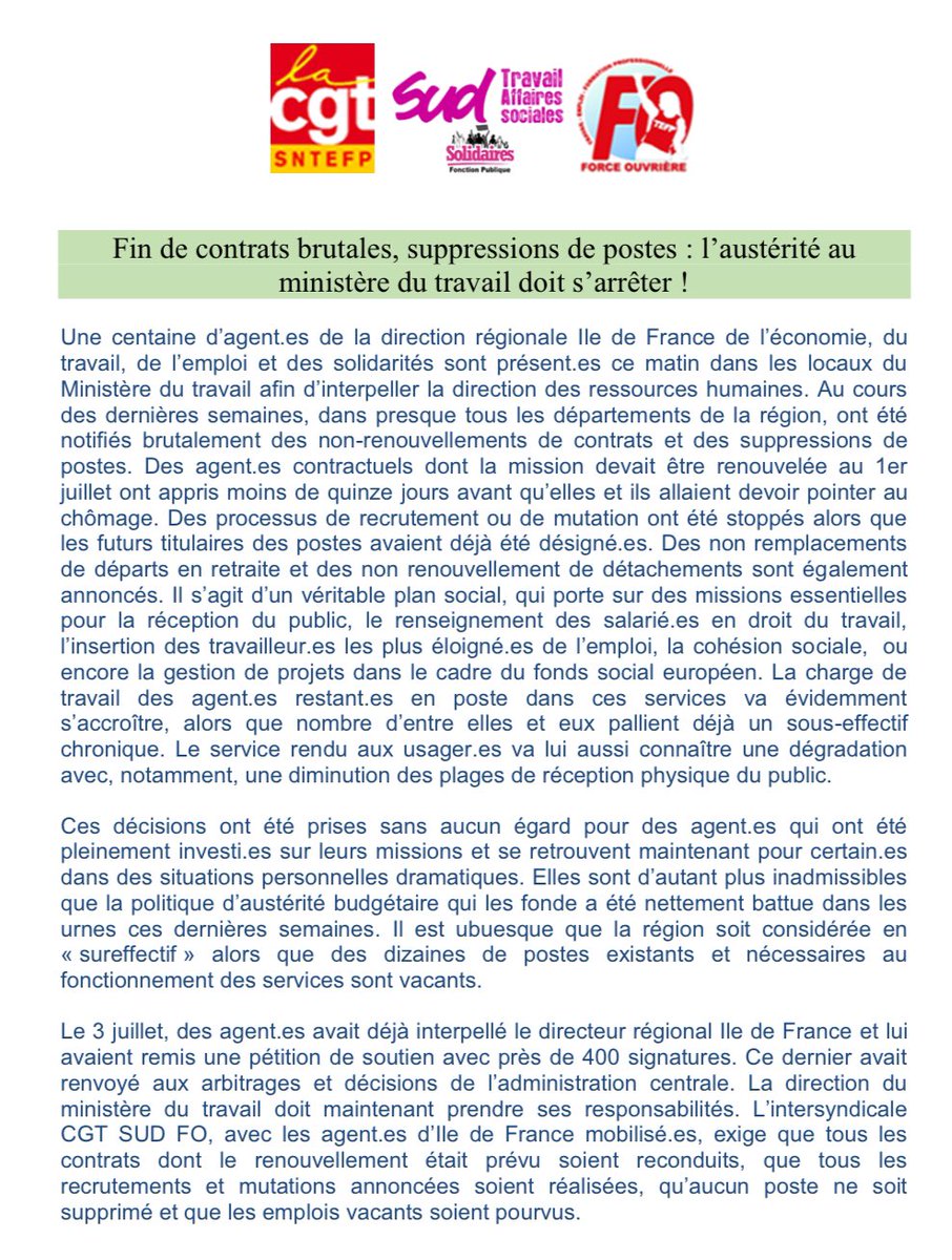 Non aux suppressions de postes au Ministère du Travail ! Une centaine d'agent•es d'IDF mobilisé•es sont allé•es à la rencontre de la DRH pour protester. 
Le Ministère du Travail use et abuse des contrats précaires et mène l'équivalent d'un plan social... Cherchez l'erreur 😡😡