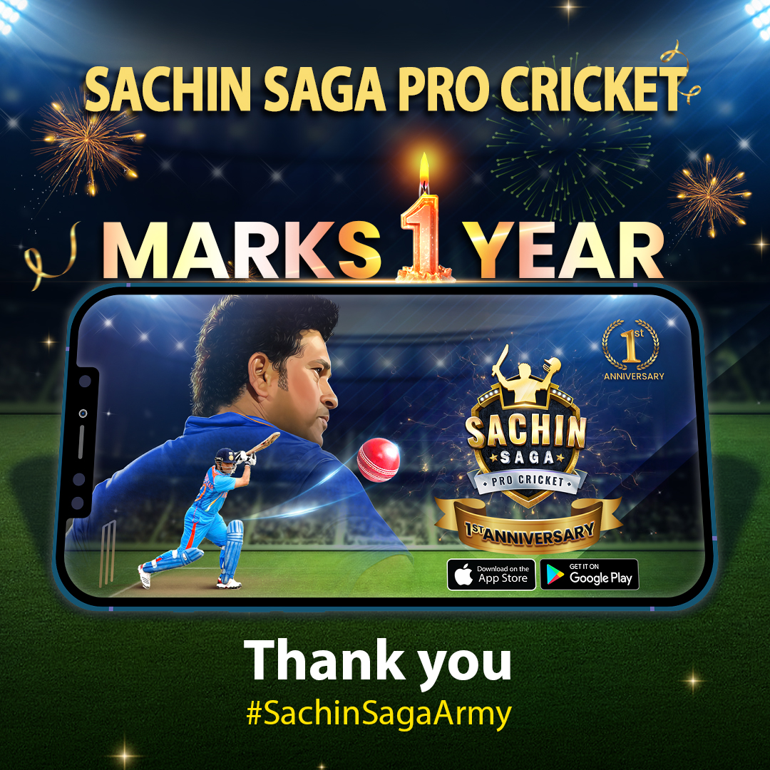Celebrating 1 year of amazing gameplay, awesome community and 5 million+ downloads &amp; this is just the beginning🎊

 #SachinSagaArmy #HappyAnniversary #SachinSagaProCricket #ItsPROtime #CricketMobileGame