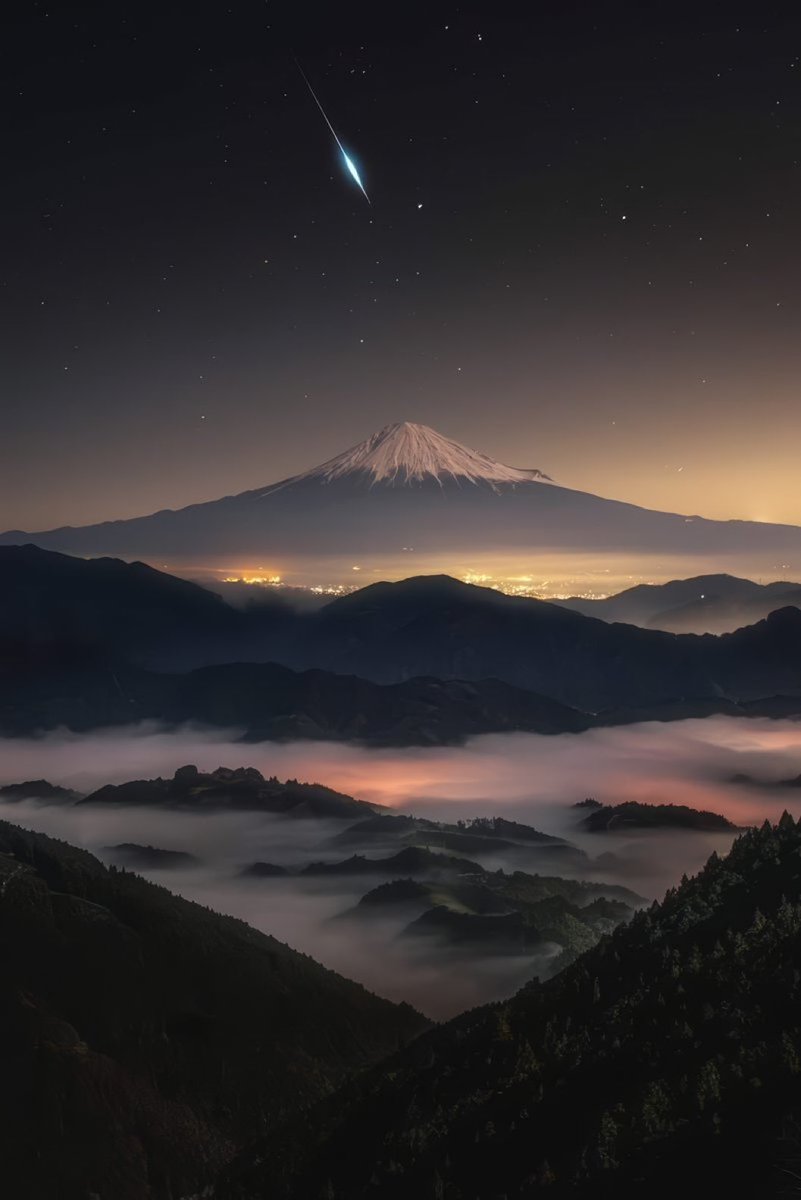 earthcurated's tweet image. Once in a lifetime shot. A meteor and Mount Fuji ✨