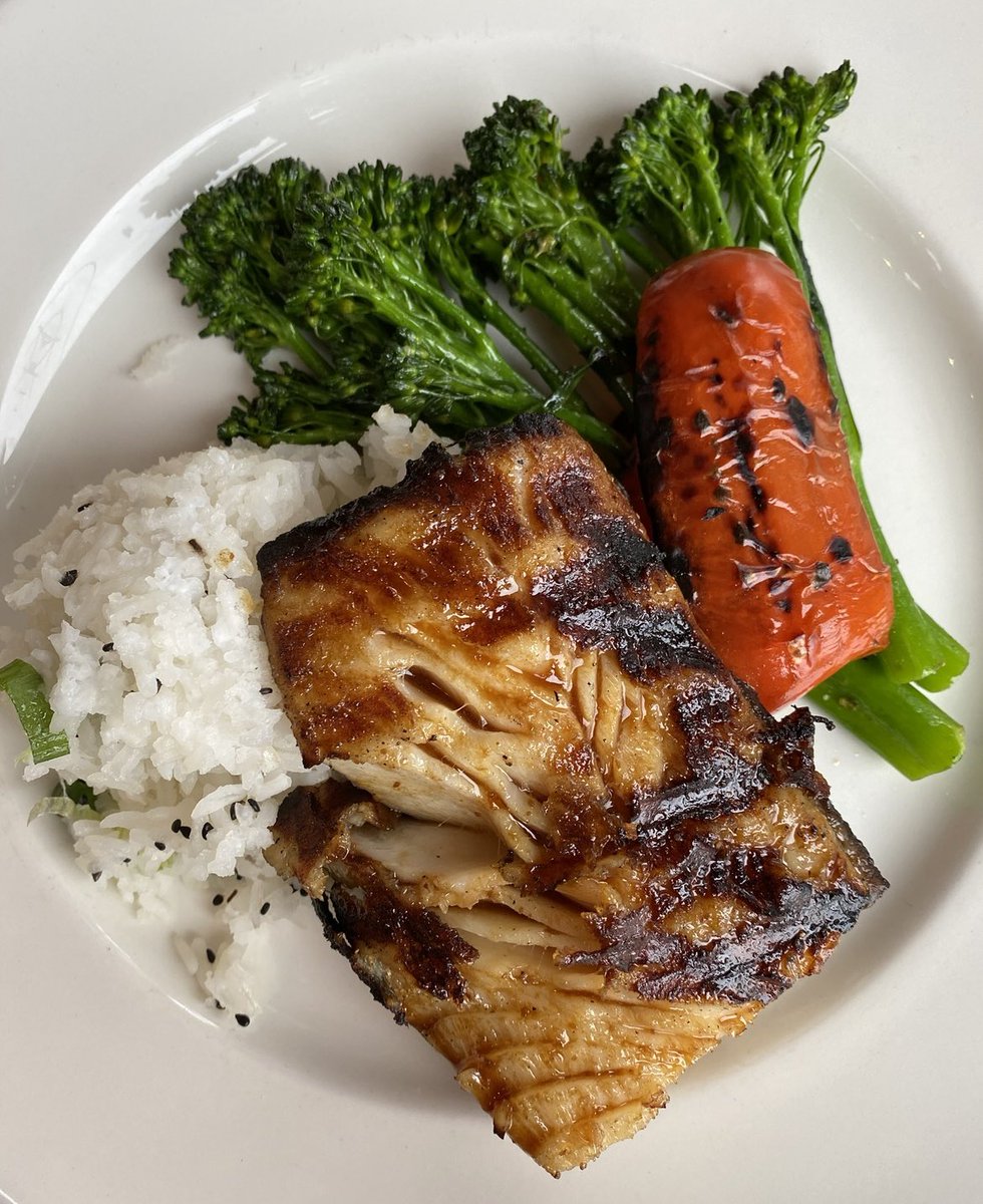 From our wood fired grill, Alderwood Grilled Sablefish with miso soy marinade, coconut jasmine rice, market vegetables.