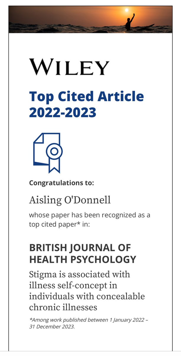 Our paper on stigma and illness self-concept in those with concealable chronic illness is one of the top 10 most-cited papers in the British Journal of Health Psychology for 2022-23.

Open access here: bpspsychub.onlinelibrary.wiley.com/doi/full/10.11…

#TopCitedArticle 

<a href="/ULPsych/">UL Psychology</a> <a href="/EHS_Research/">EHS Research</a> <a href="/HRI_UL/">Health Research Institute</a>