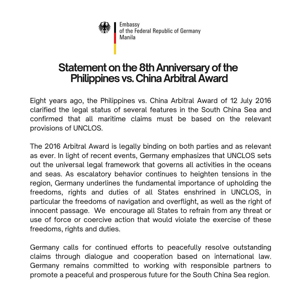 germanyinphl's tweet photo. Eight years ago, the Philippines vs. China Arbitral Award of 12 July 2016 clarified the legal status of several features in the South China Sea and confirmed that all maritime claims must be based on the relevant provisions of UNCLOS.
See the full text of 🇩🇪 statement 👇 https://t.co/dnvfpeH3Fa